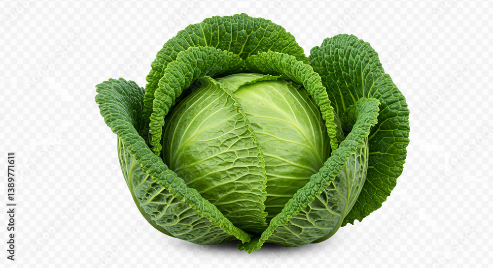 Obraz premium A vibrant green savoy cabbage, a fresh and healthy vegetable, ready for the harvest, showcasing its tightly packed leaves and bright color against a clean background.