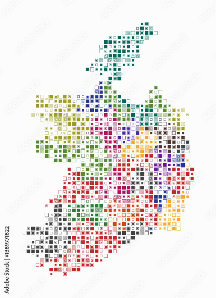 Ireland, shape of the country built of colored cells. Digital style map of Ireland on white background. Small size square blocks. Vibrant vector illustration. Ireland, shape of the country built of colored cells. Digital style map of Ireland on white background. Small size square blocks. Vibrant vector illustration.