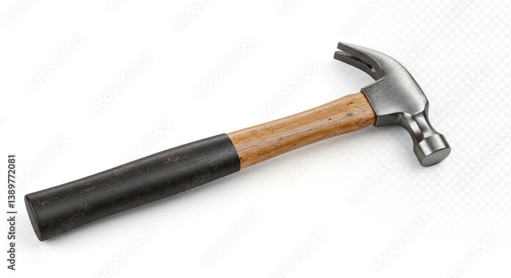A trusty claw hammer, ready for action, with its worn wooden handle and gleaming steel head against a stark white background. A trusty claw hammer, ready for action, with its worn wooden handle and gleaming steel head against a stark white background.