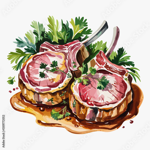 Watercolor Smothered Pork Chops with Gravy and Herbs