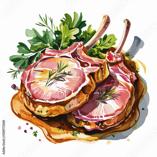 Watercolor Smothered Pork Chops with Gravy and Herbs