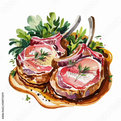 Watercolor Smothered Pork Chops with Gravy and Herbs
