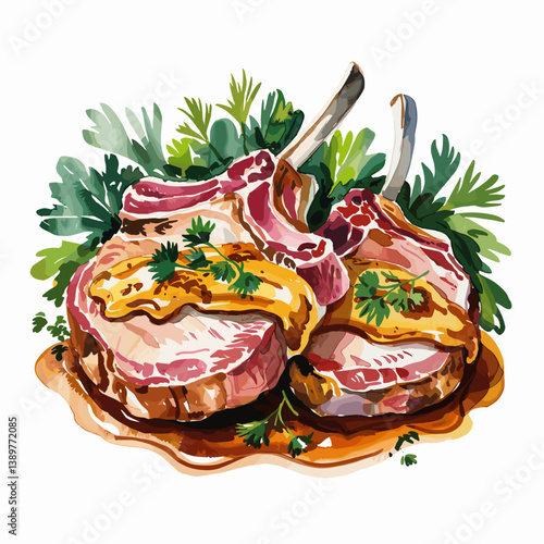 Watercolor Smothered Pork Chops with Gravy and Herbs