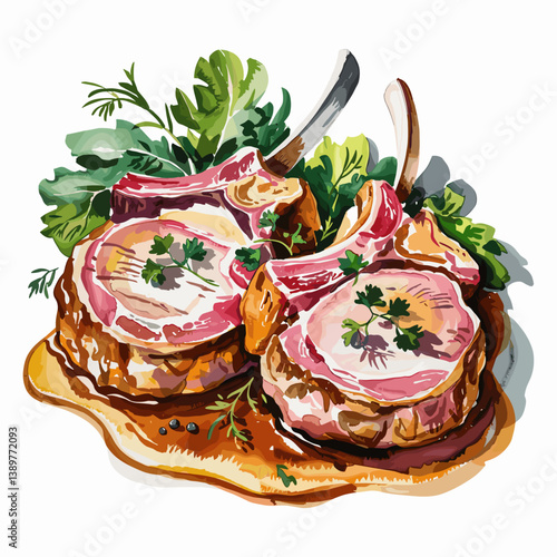 Watercolor Smothered Pork Chops with Gravy and Herbs