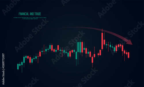 Down trend of candles stick charts on dark  background, red and green candle sticks for forex market, a candles tick graph chart of stock in minimal concept.
