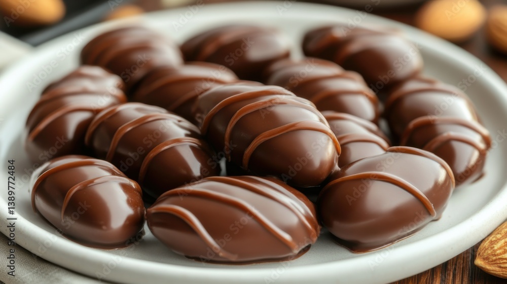 Delicious chocolate treats arranged on a white plate, showcasing intricate designs and smooth coatings Delicious chocolate treats arranged on a white plate, showcasing intricate designs and smooth coatings
