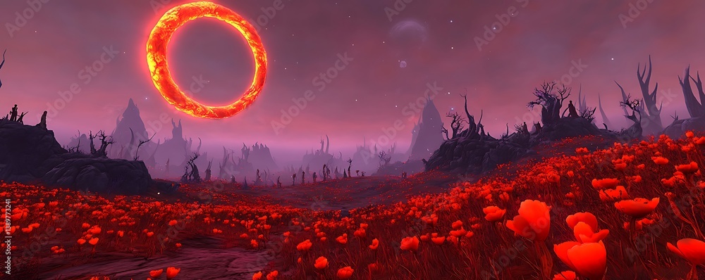 A surreal landscape featuring a glowing fiery ring and red flowers