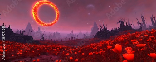 Obraz na płótnie A surreal landscape featuring a glowing fiery ring and red flowers w salonie