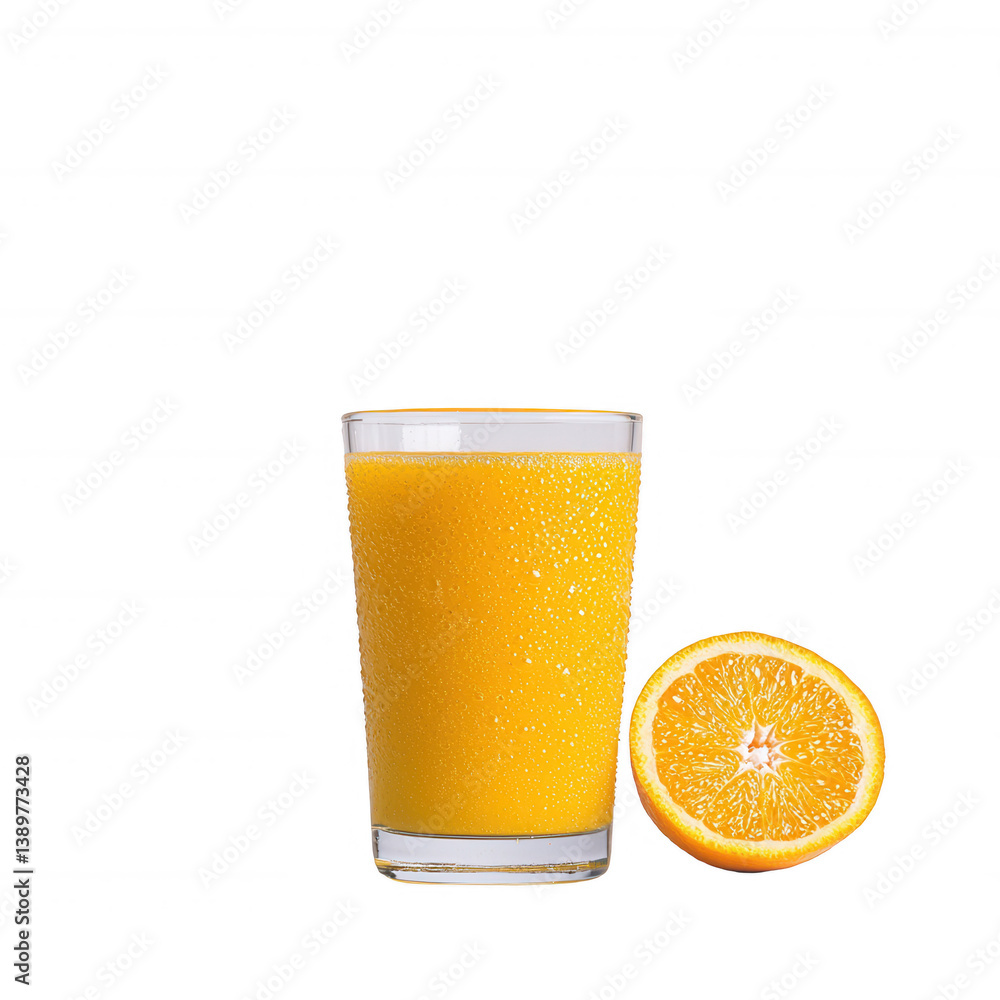 Glass of refreshing orange juice with a fresh orange slice on a white isolated background, perfect for summer and healthy beverage concepts. Glass of refreshing orange juice with a fresh orange slice on a white isolated background, perfect for summer and healthy beverage concepts.