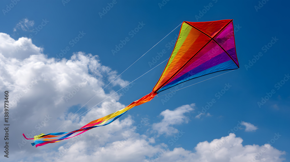 Brightly colored kite with a long tail dancing in the open sky on a sunny day. Brightly colored kite with a long tail dancing in the open sky on a sunny day.