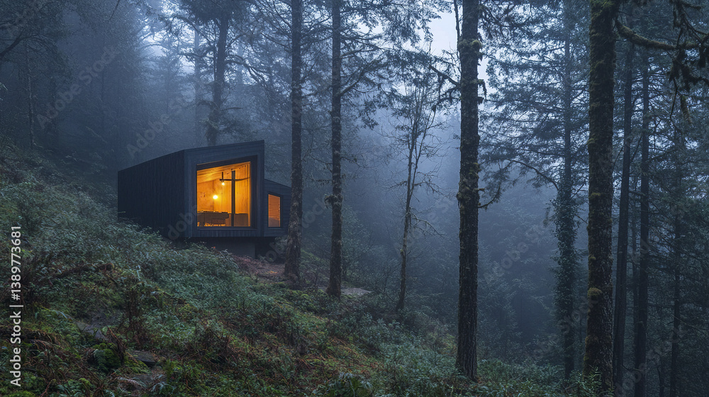 Obraz premium cozy cabin with glowing window nestled in misty forest setting
