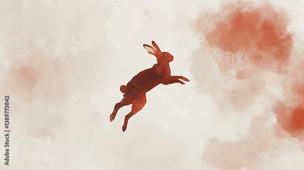 A brown rabbit jumping in the air with soft background shades