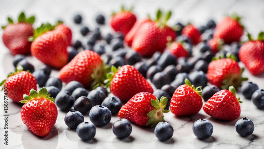 A Colorful Display of Strawberries and Blueberries on a White Marble Surface A Colorful Display of Strawberries and Blueberries on a White Marble Surface