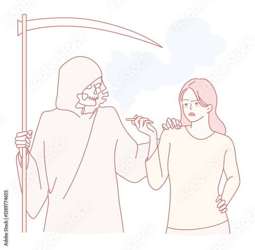 A whimsical and imaginative illustration depicts the Grim Reaper happily chatting with a woman he just met recently