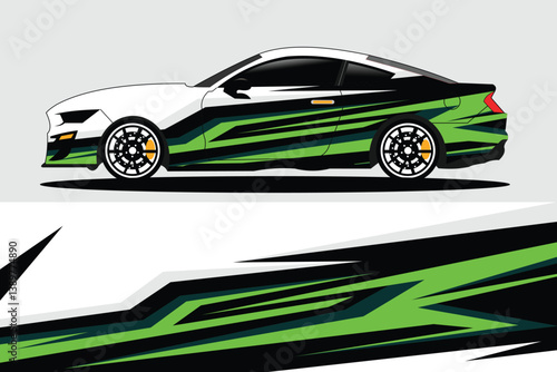 Sleek sports car with dynamic green and black graphics parked against a minimalist backdrop
