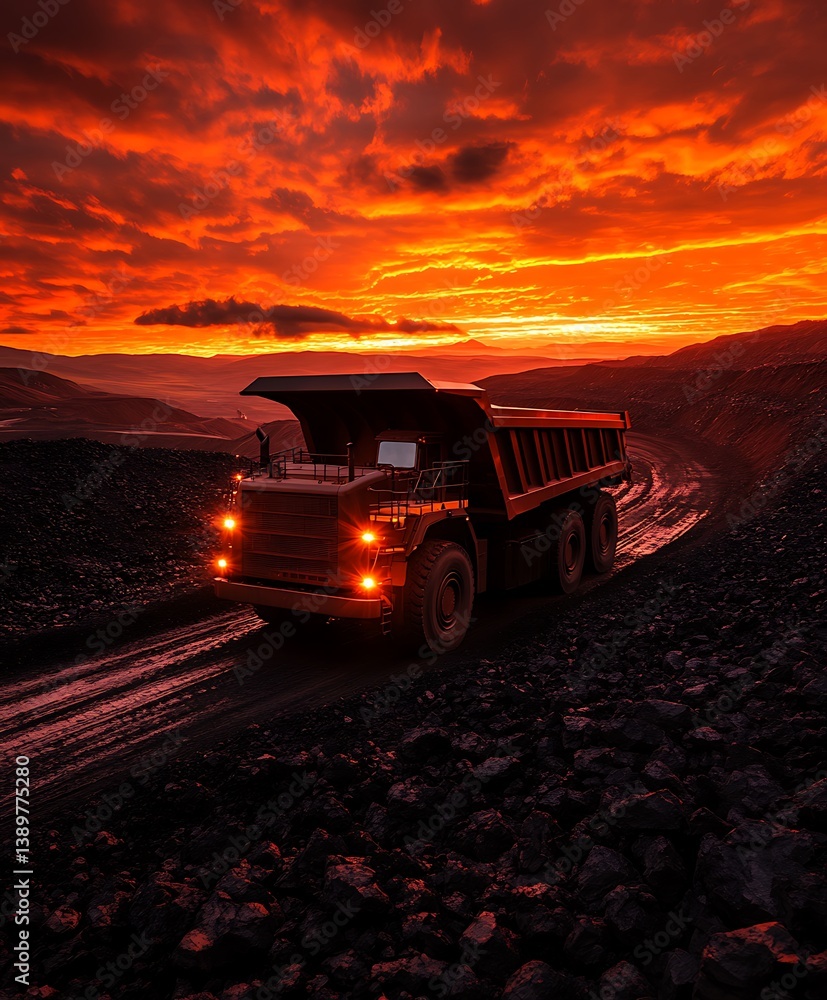 A large mining truck travels on a rocky road during sunset