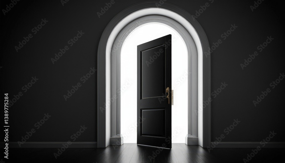 An Invitation to Possibilities: An open, black door stands ajar within a stark room, offering a glimpse of a bright, unknown future. An Invitation to Possibilities: An open, black door stands ajar within a stark room, offering a glimpse of a bright, unknown future.