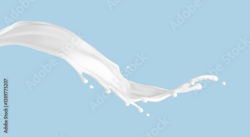 Milk splash isolated on blue background. Natural dairy product, yogurt or cream splash with flying drops. Realistic vector illustration