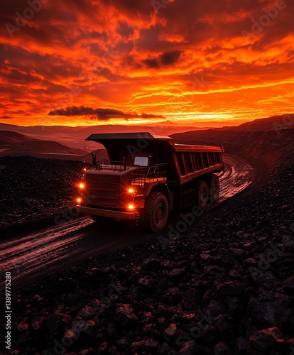 Obraz na płótnie A large mining truck travels on a rocky road during sunset w salonie