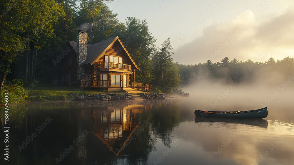 Obraz premium Cozy lakehouse with canoe and misty sunrise reflection. Tranquil and serene