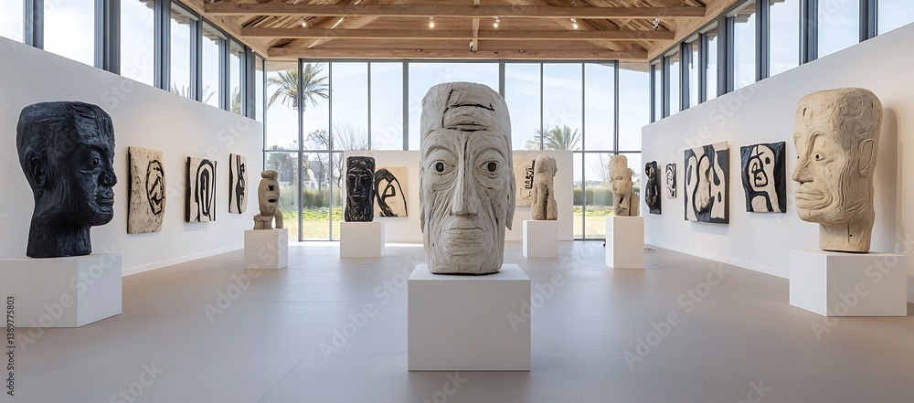 Large sculptures of faces are displayed inside an art gallery
