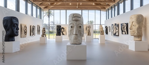 Obraz na płótnie Large sculptures of faces are displayed inside an art gallery w salonie