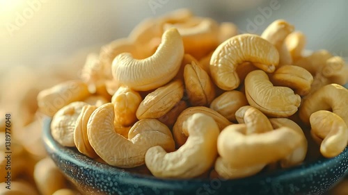Cashew nuts with a golden glow under soft natural light