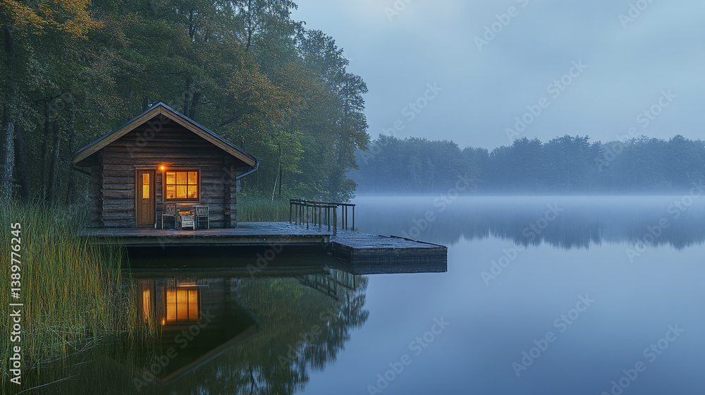 Obraz premium serene lakeside wooden house with misty water reflections