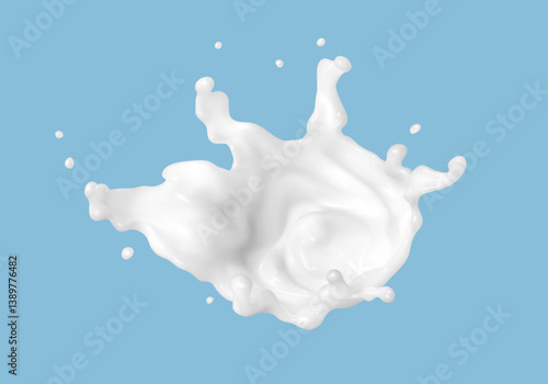 Milk splash isolated on blue background. Natural dairy product, yogurt or cream splash with flying drops. Realistic vector illustration