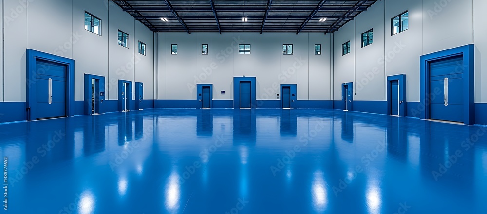 Large empty industrial warehouse with blue walls and flooring features