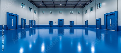 Obraz na płótnie Large empty industrial warehouse with blue walls and flooring features w salonie