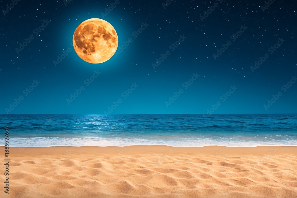 The full moon over ocean waves under the starry evening sky