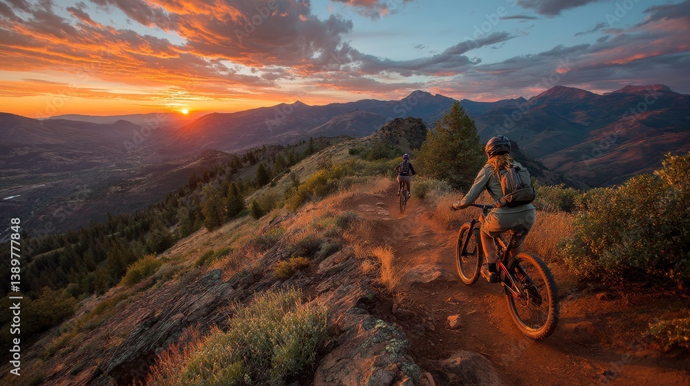 Two mountain bikers exploring high-altitude trails at sunset through scenic terrain with vibrant sky