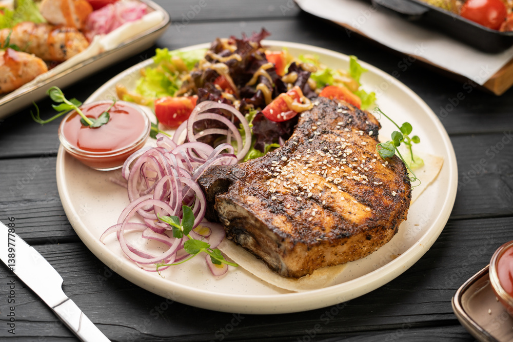 Grilled pork steak with herbs paired with marinated onion, fresh salad greens, and cherry tomatoes. Restaurant dinner concept, grilled meat, perfect for dinner menu. Grilled pork steak with herbs paired with marinated onion, fresh salad greens, and cherry tomatoes. Restaurant dinner concept, grilled meat, perfect for dinner menu.