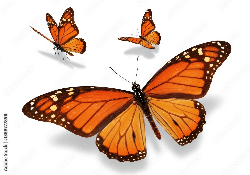 Naklejka premium Monarch butterflies with vibrant orange wings and black veins, flying in a detailed, symmetrical pose on a white background, symbolizing migration and metamorphosis.