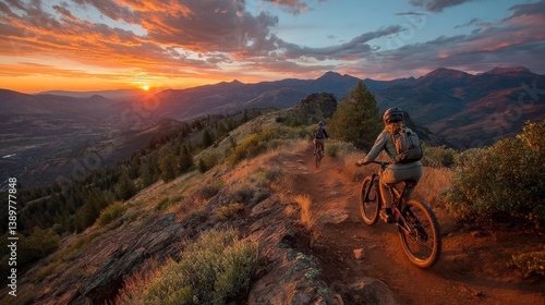 Obraz na płótnie Two mountain bikers exploring high-altitude trails at sunset through scenic terrain with vibrant sky w salonie
