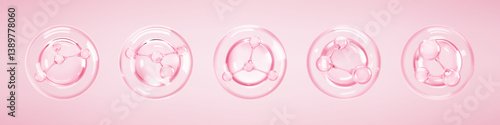 Molecules inside bubbles on pink background. Collagen serum bubble. Cosmetic essence. Hyaluronic acid. Skincare product. Concept skin care cosmetics solution. Vector 3d illustration