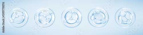 Molecules inside bubbles on blue background. Collagen serum bubble. Cosmetic essence. Hyaluronic acid. Skincare product. Concept skin care cosmetics solution. Vector 3d illustration