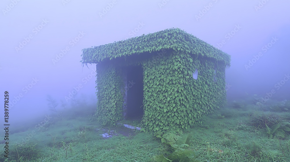 A small structure enveloped in dense green vegetation in the mist