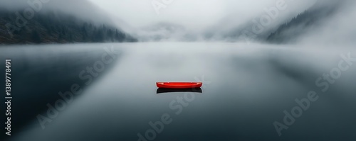 Obraz na płótnie A red boat floats peacefully on a calm foggy lake w salonie