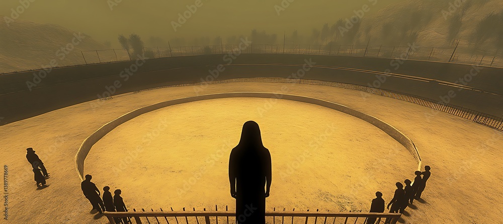 A solitary figure observes people gathered in a circular arena