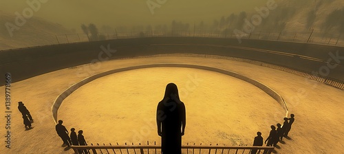 Obraz na płótnie A solitary figure observes people gathered in a circular arena w salonie