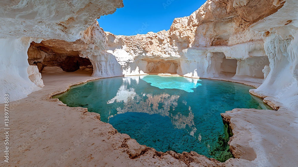 A scenic cave featuring a beautiful clear water filled pool