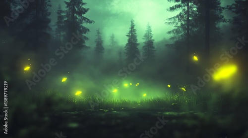 Glowing fireflies illuminate a dark foggy forest scene at twilight
