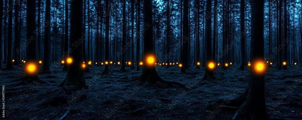 Luminous orbs illuminate a dark forest creating a mysterious atmosphere at night