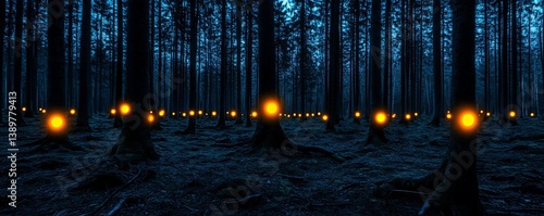 Obraz na płótnie Luminous orbs illuminate a dark forest creating a mysterious atmosphere at night w salonie