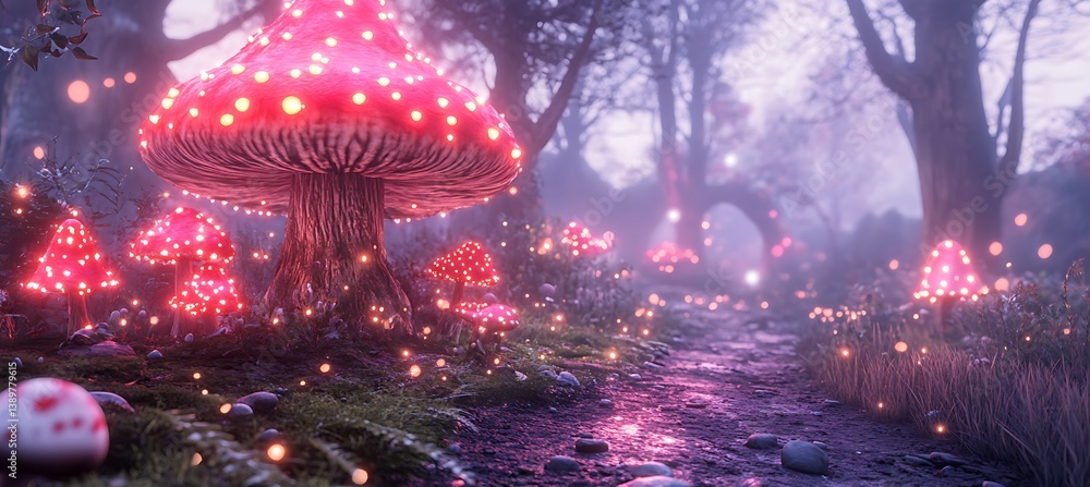 Magical forest scene featuring vibrant mushrooms and glowing lights