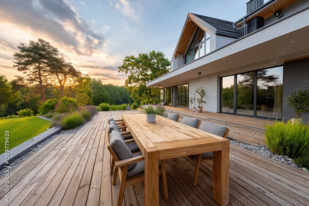 Obraz premium A modern house with a wooden terrace and garden, captured during sunset