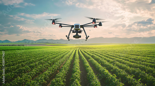 An AI powered precision agriculture drone, autonomous drones flying over fields, analyzing crop health and applying targeted pesticides and fertilizers