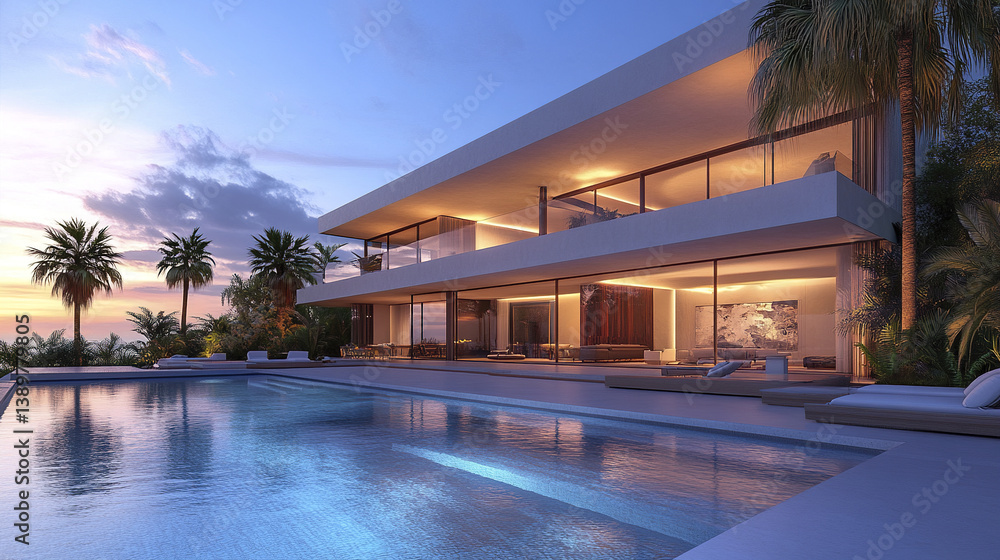 Fototapeta premium Modern luxury home with infinity pool and palm trees at sunset
